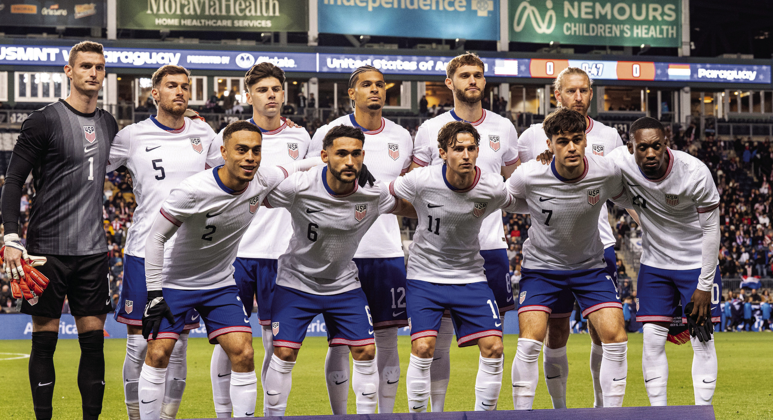 United States Mens National Team Starting 11 on Nov. 15, 2025, during match at Chester, Pennsylvania (Photos by Don Mennig/Alamy.com)