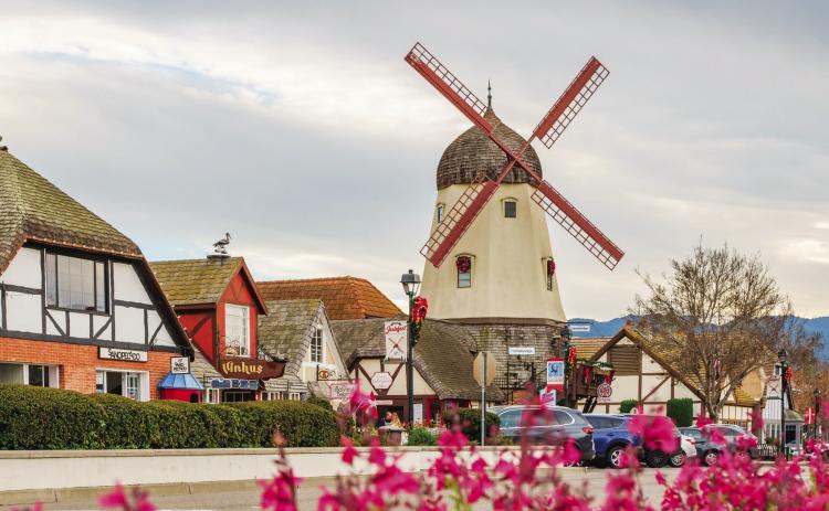 Windmill in Solvang, Tower Pizza on Main Street. Photos by istockphoto